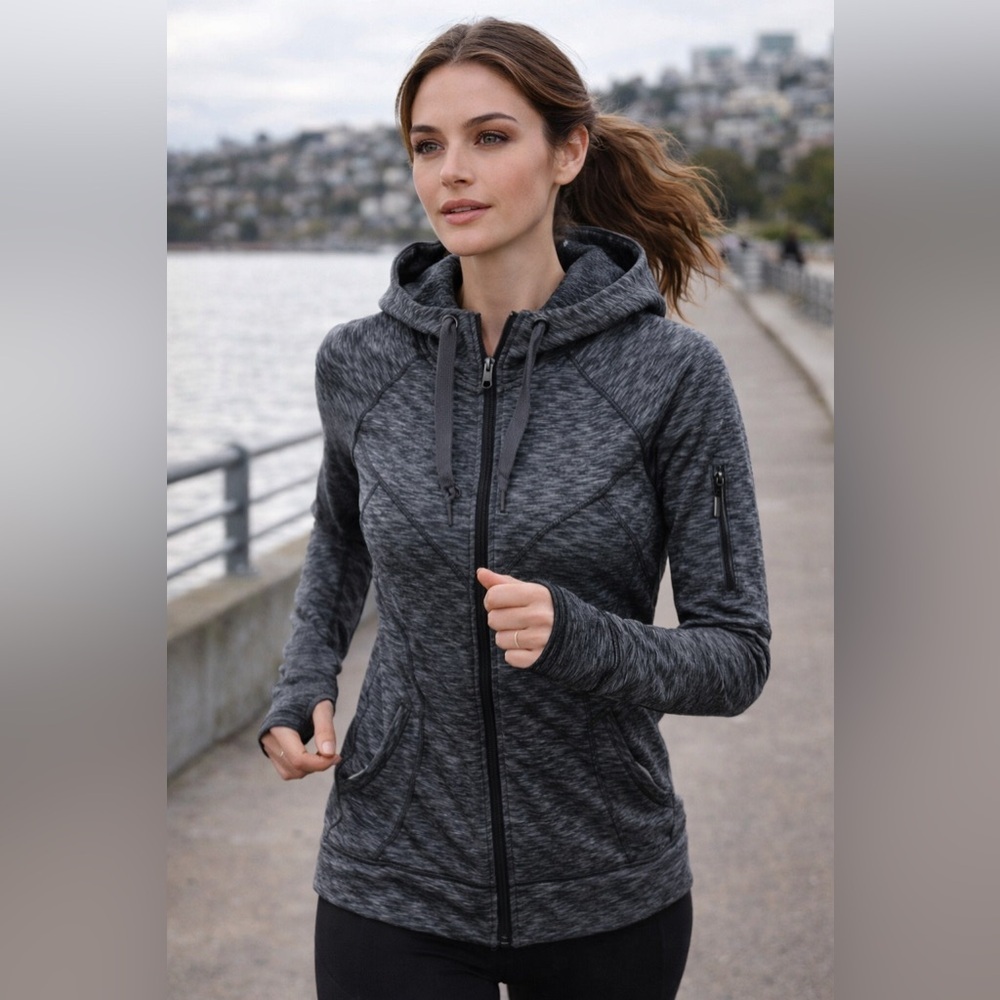 Athleta Luxe Stronger Space Dye Gray Full Zip Hoodie Jacket Thumbholes Sz Medium